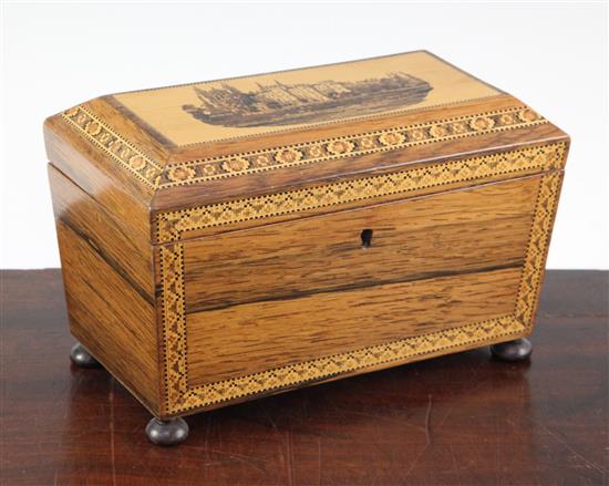 A Victorian rosewood Tunbridge ware tea caddy, 8.25in.